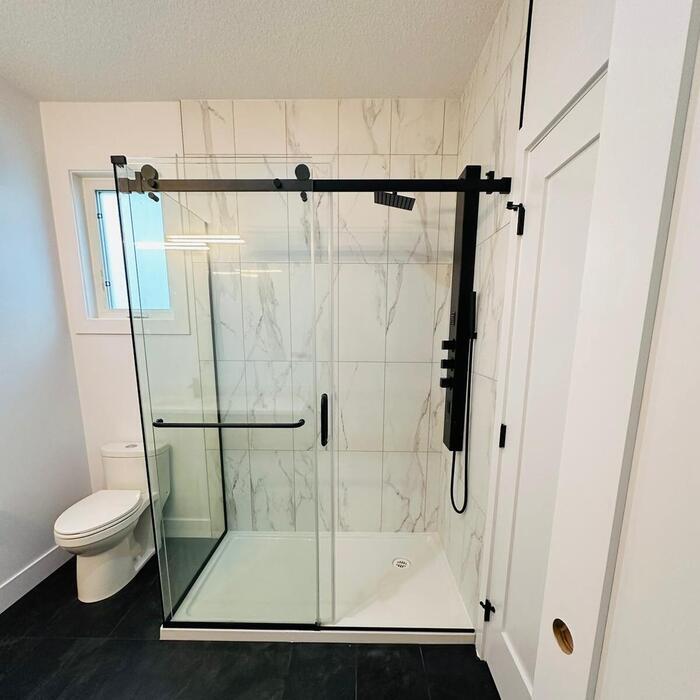 Frameless Sliding Shower Door Black, 56"-60" Width, 79" Height, 3/8" (10 mm) Clear Tempered Glass, Designed for Smooth Door Closing.