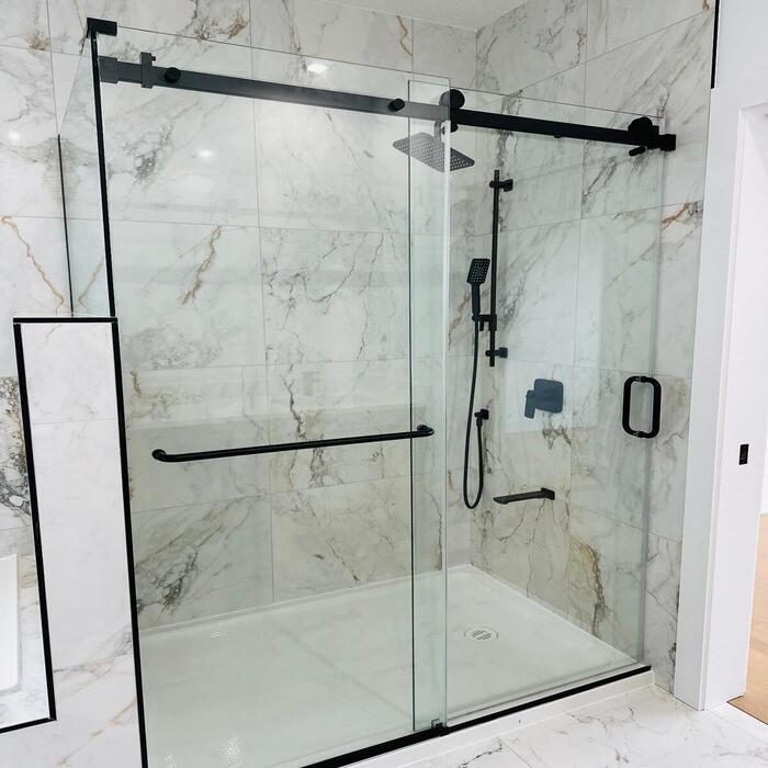 Frameless Sliding Shower Door Black, 56"-60" Width, 79" Height, 3/8" (10 mm) Clear Tempered Glass, Designed for Smooth Door Closing.