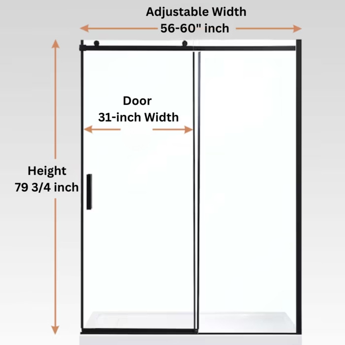 Frameless Sliding Shower Door Black, 56"-60" Width, 79" Height, 3/8" (10 mm) Clear Tempered Glass, Designed for Smooth Door Closing.