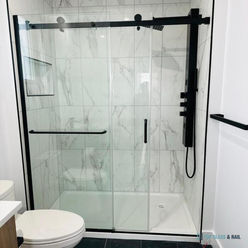 Frameless Sliding Shower Door Black, 56"-60" Width, 79" Height, 3/8" (10 mm) Clear Tempered Glass, Designed for Smooth Door Closing.